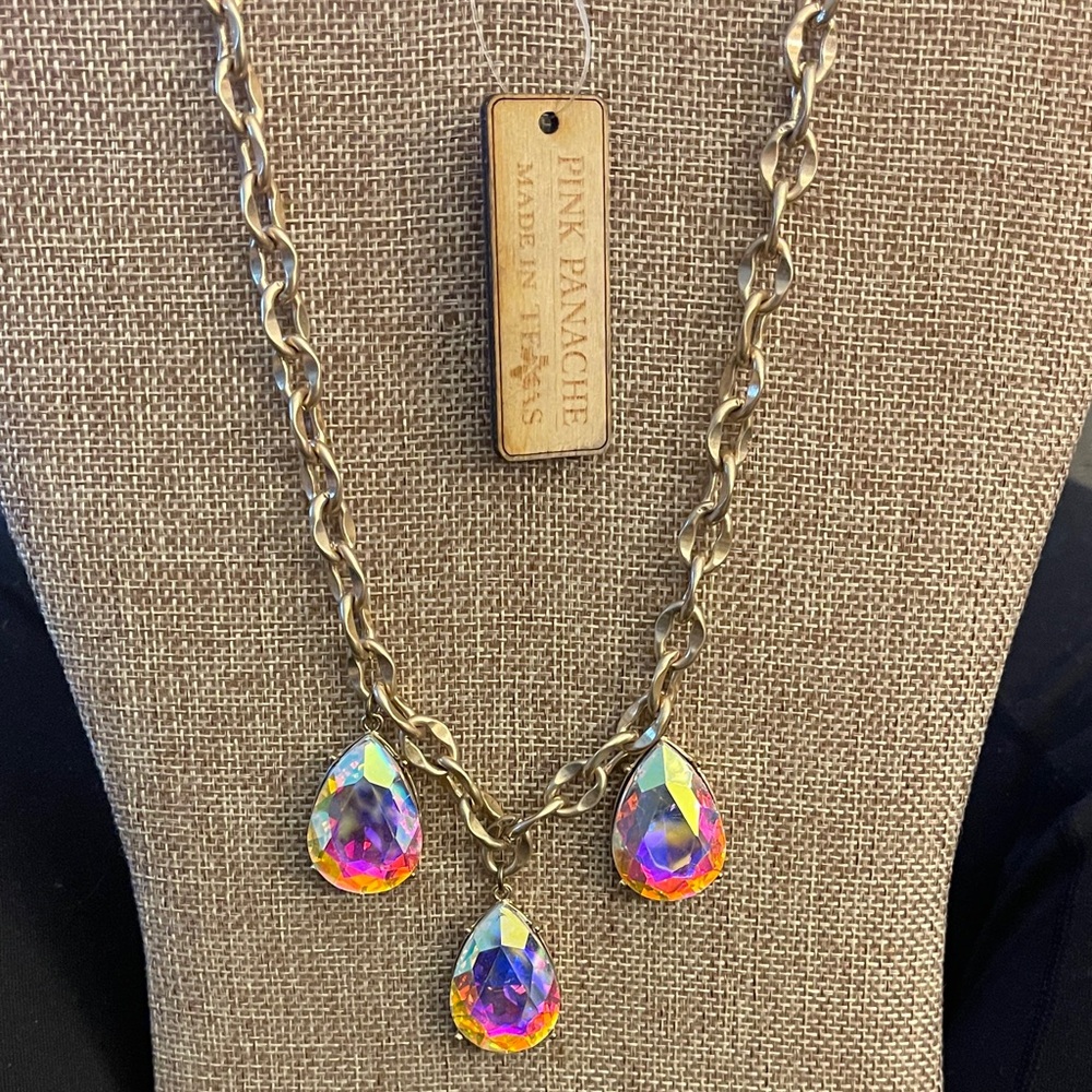 Pink Panache Iridescent Teardrop Necklace with Antique Gold Chain - Picture 2 of 3